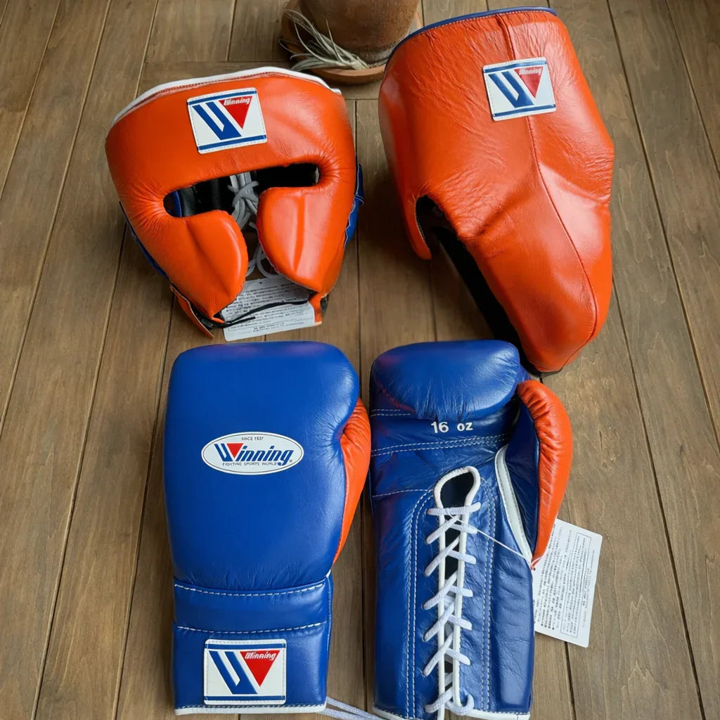Winning Boxing Set in Orange/Blue color with Cheek Protector Headgear and Groin Guard